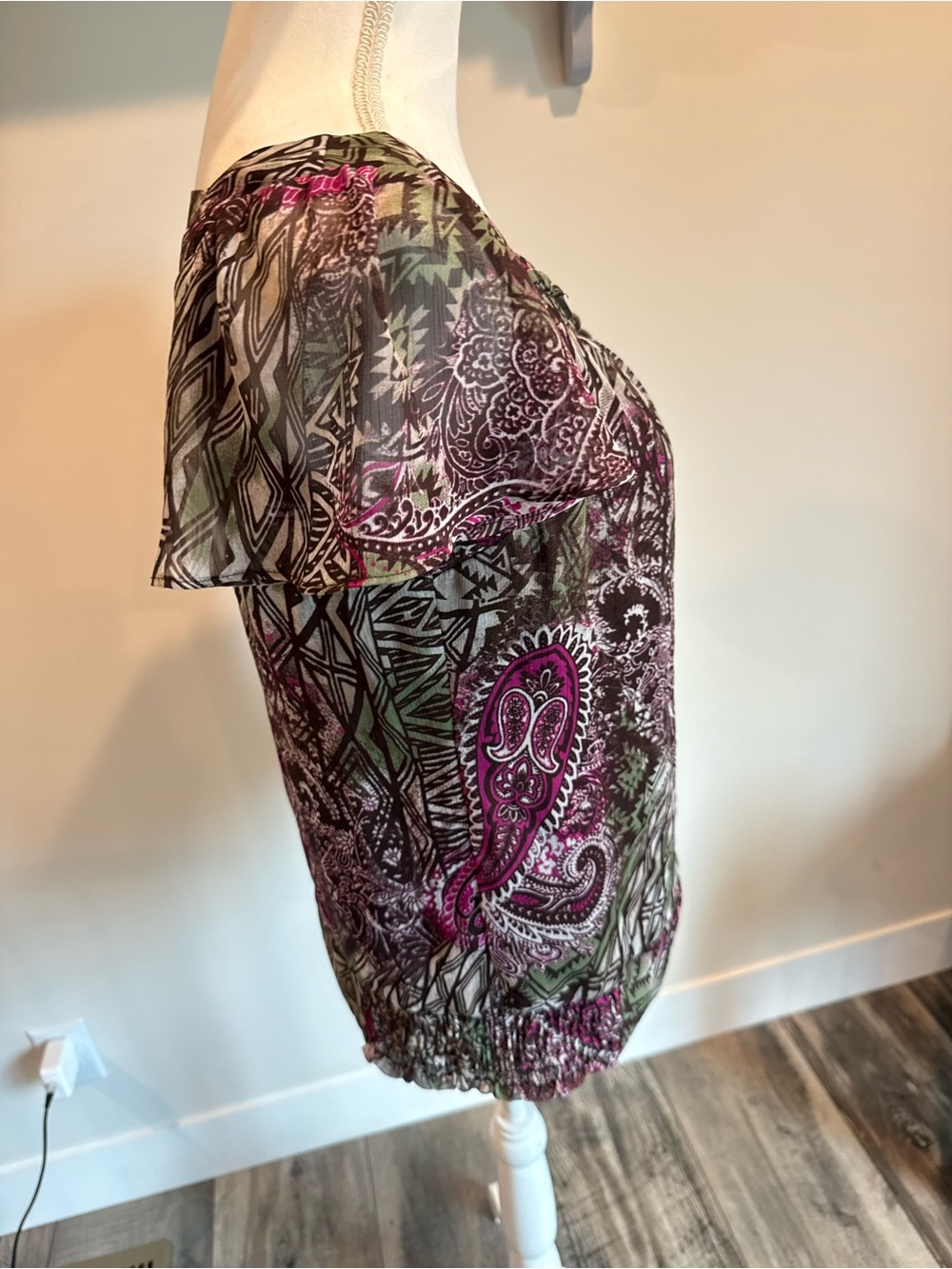 dressbarn Olive and Magenta Short-Sleeve Printed Peasant Blouse - Picture 3 of 6